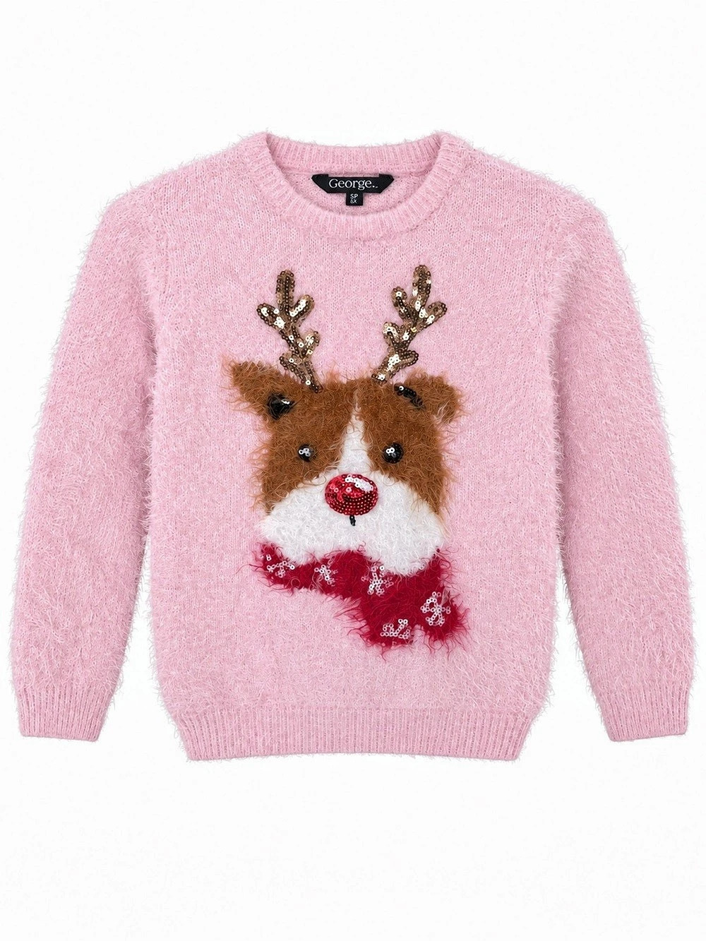 George Girls Pink Fuzzy Reindeer Christmas Sweater Size 6 Sequin Holiday NWOT